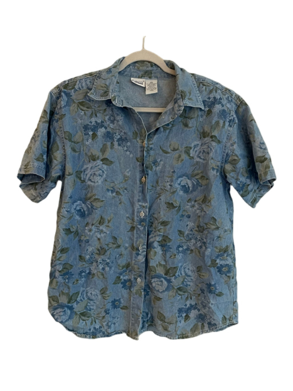 Vintage 90s Capacity Floral Denim Shirt Women’s L Cotton Short Sleeve Blue